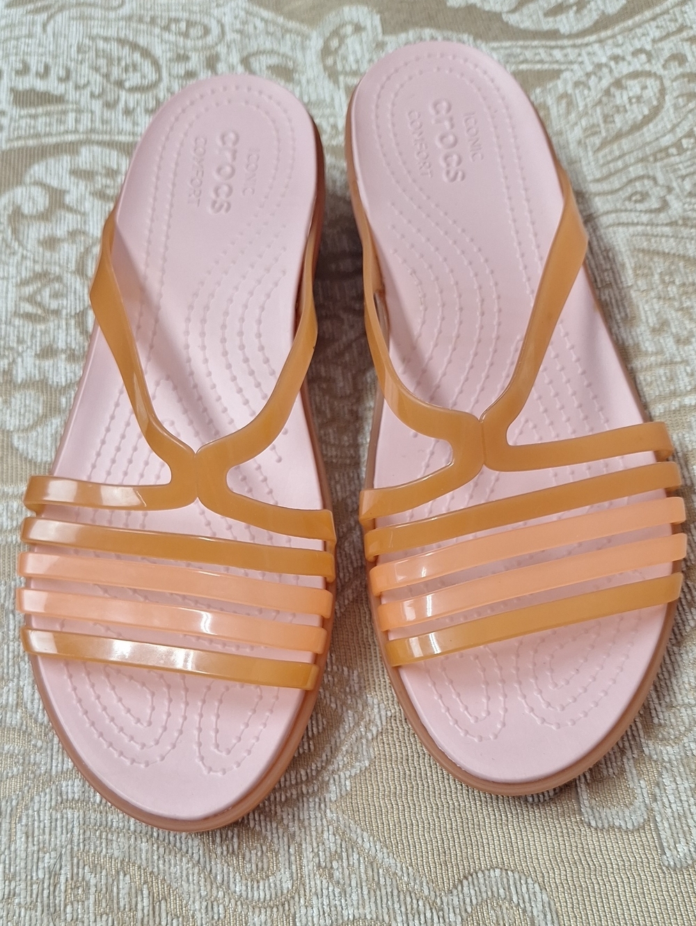 CROCS Women's Pink Footbed with Tan Jelly Strap Slide Sandals